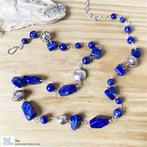 Long Blue Lapis And Pewter Bead Necklace Basket Of Blue