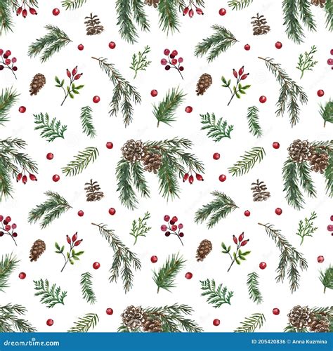 Winter Evergreen Plants And Berries Seamless Pattern Watercolor Forest