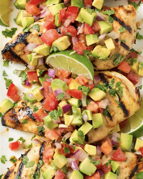 Salsa was diced avocados, diced mango, finely chopped red onion, diced red bell pepper, fresh cilantro, salt pepper, splash of orange juice, and after that it's just layering the rice down first, topped with the sliced chicken breast, and spooning the salsa along the side. Grilled Cilantro-Lime Chicken with Avocado Salsa (With ...