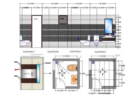 D Cad Toilet Design Plan With Wall Elevation And Rendered Drawing