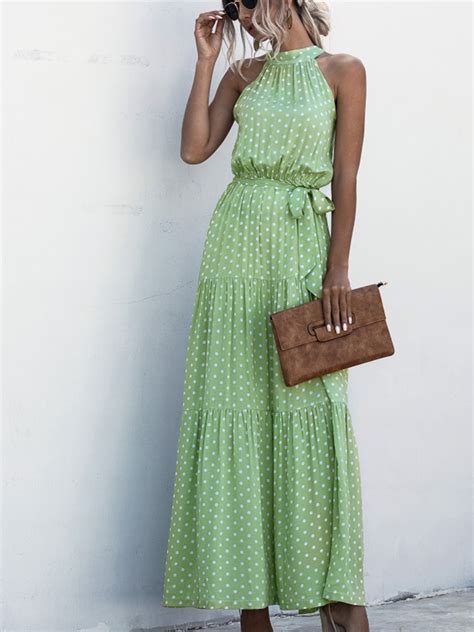 Green Polka Dot Print Sleeveless Maxi Dress Choies