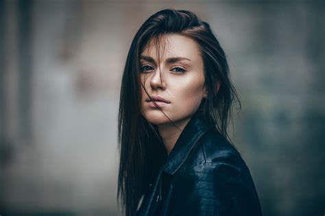 Wallpaper Women Model Portrait Looking At Viewer Leather Jackets Hair In Face X