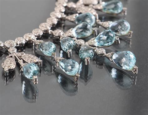 Diamond And Aquamarine Necklace And Earrings Set In K White Gold