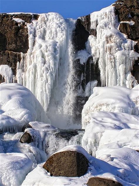 Frozen Waterfall Oxarafoss Waterfall Thingvellir National Park