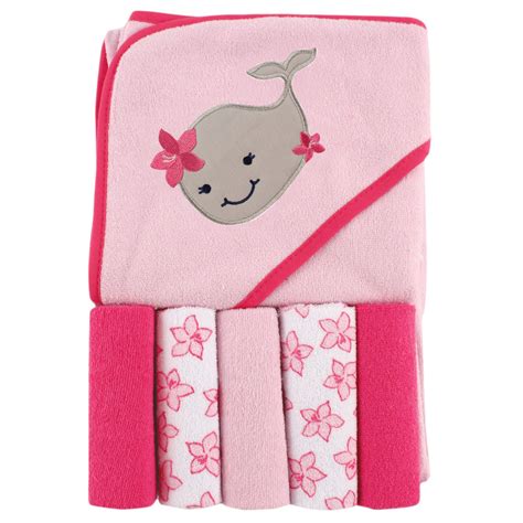 Luvable Friends Hooded Towel With Washcloths 6 Piece Set Girl Whale