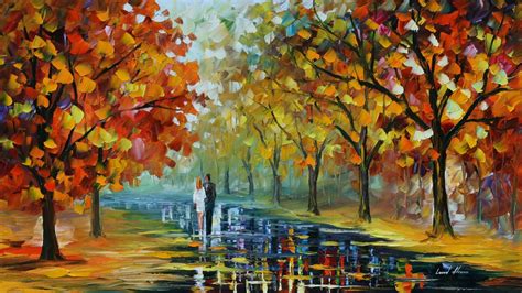 1156025 Sunlight Trees Painting Fall Park Couple Path Leonid