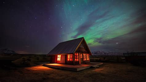 Cottage In Iceland Under The Polar Lights Wallpaper Backiee