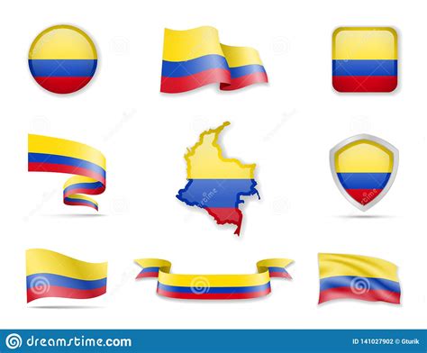 Colombia Flags Collection Vector Illustration Set Flags And Outline Of