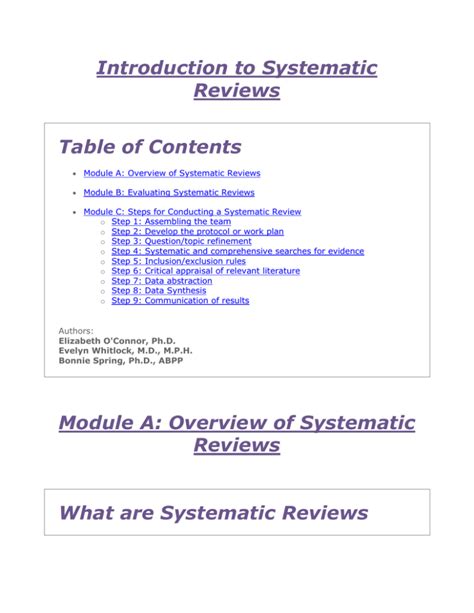 Introduction To Systematic Reviews Table Of Contents