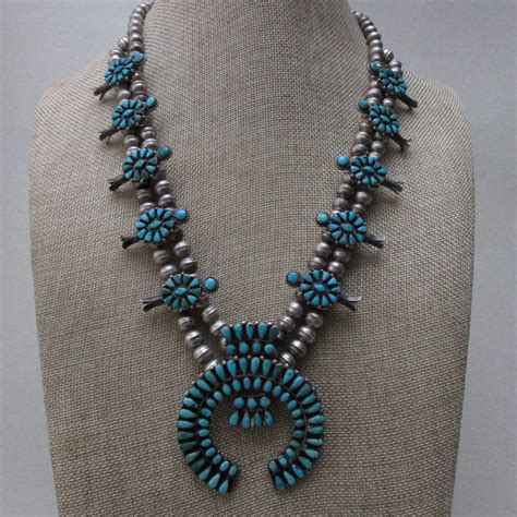 Zuni Petit Point Turquoise And Silver Squash Blossom Necklace Tucson