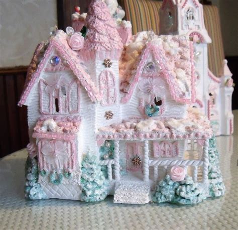 Pink Christmas Village House Gengerbread Cottage Glitter Roses Lace