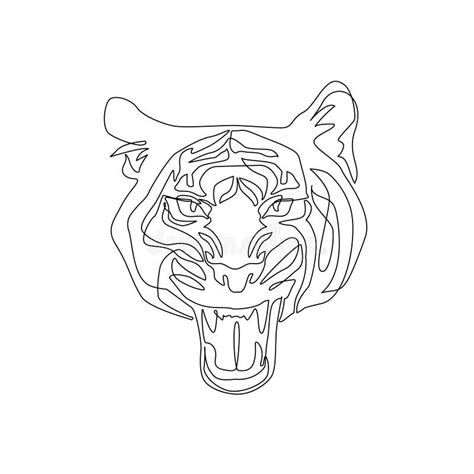 Tiger Head One Line Drawing Style Tiger Roaring Mouth Open Stock