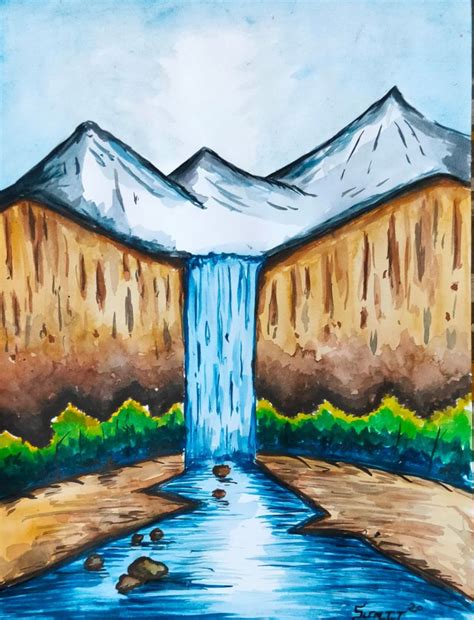 A Painting Of A Waterfall With Mountains In The Background And Blue
