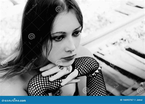 Sad Gothic Girl Sitting On Rails Stock Image Image Of Fashion