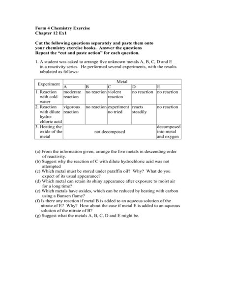 Form 4 Chemistry Exercise