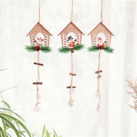 1pc Christmas House Shape Santa Claussnowman Wooden Pendants Ornaments