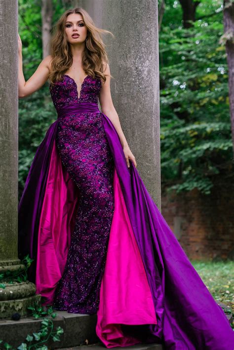 Fuchsia And Purple Embellished Long Column Strapless Gown Couture