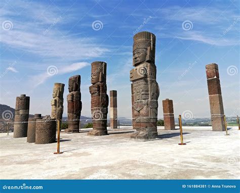 Stone Atlantes Statues On Top Of Pyramid In Tula Hidalgo Mexico Stock