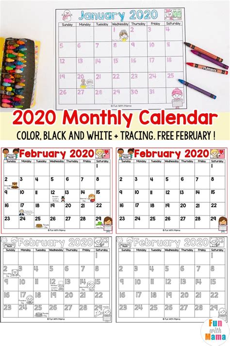 A selection of blank calendars that you can print. 2020 Kids Calendar Printable - Fun with Mama