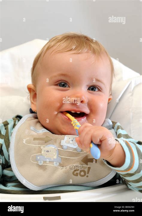 Baby Boy Cleaning Milk Teeth England Uk Stock Photo Alamy