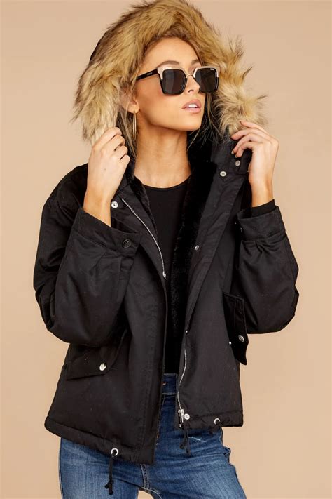 Chic Black Fur Trimmed Jacket Warm Hooded Bomber Jacket Coat 42