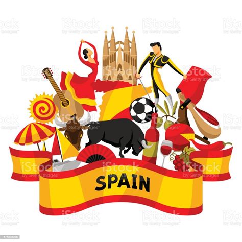 Spain Background Design Spanish Traditional Symbols And Objects Stock