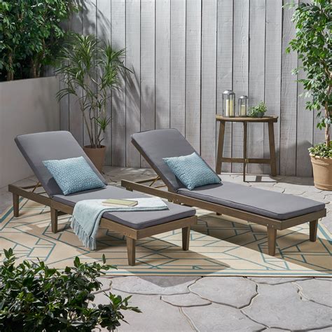 Maddison Outdoor Modern Acacia Wood Chaise Lounge With Cushion Set Of