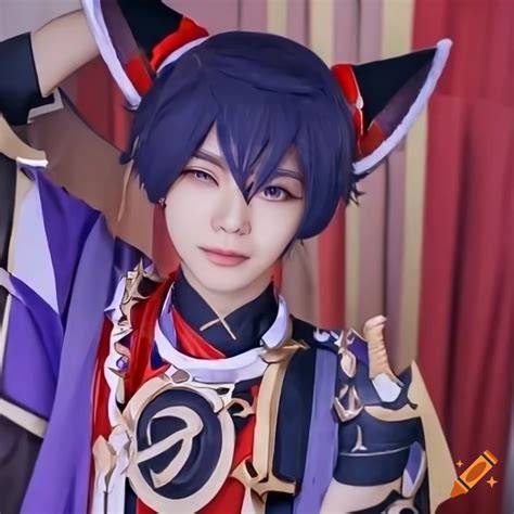 Cute Male Asian Cosplaying Scaramouche From Genshin Impact On Craiyon