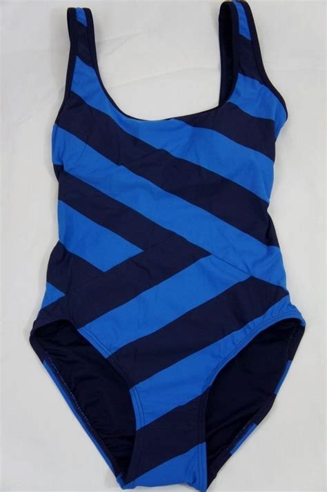 Dkny One Piece Swimsuit Sz 6 Electric Blue Striped Spliced Maillot Swim