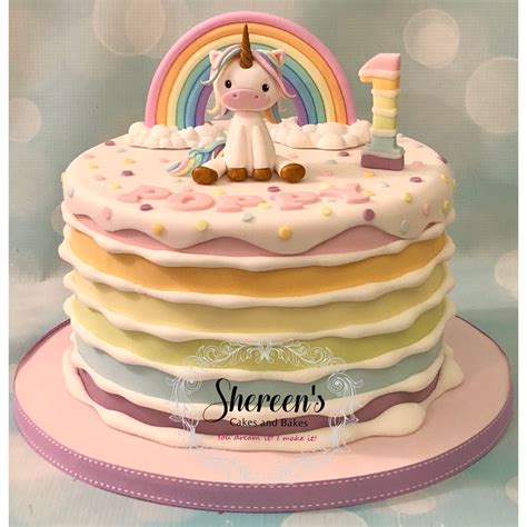 Pastel Rainbow Unicorn Cake Stripe First Birthday Novelty Cake