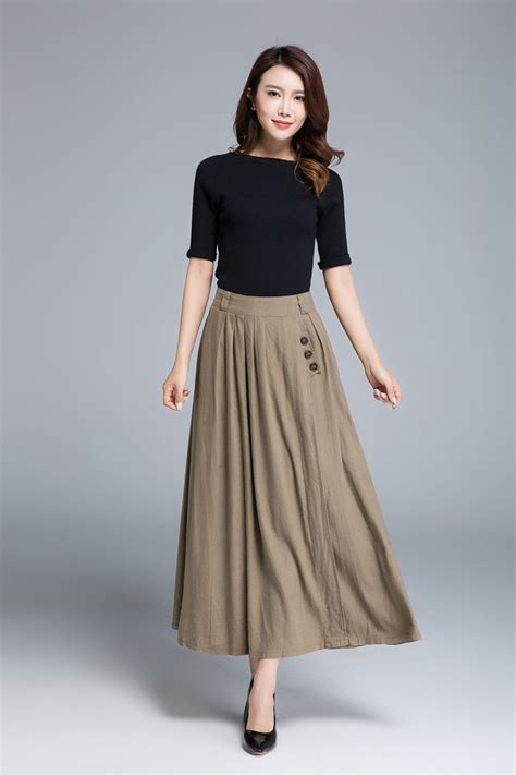 Khaki Skirt Linen Skirt Pleated Skirt Pocket Skirt Button Etsy