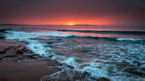 Download Wallpaper 1920x1080 Sea Horizon Sunset Waves Foam Surf Beach Full Hd Hdtv Fhd
