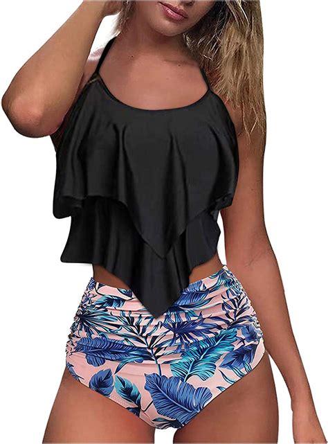 Amazon Com Swimsuits For Women Two Piece High Waisted Ruffled Bathing