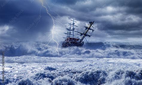 Sailing Ship In Storm Sea On The Background Power Sea Wave With