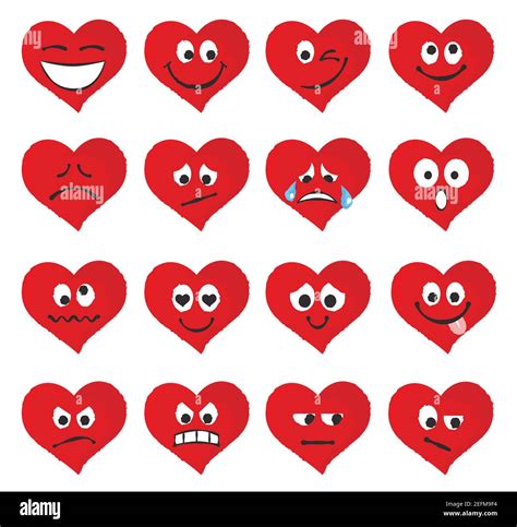 Set Of Emoticons And Emojis In Red Heart Form Vector Illustration In