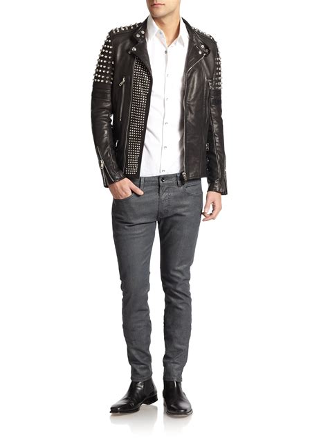 Lyst Diesel Black Gold Studded Leather Biker Jacket In Black For Men