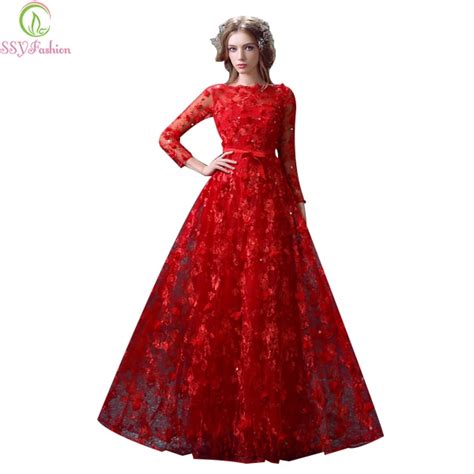 Robe De Soiree Ssyfashion Luxury Red Long Evening Dress Lace Flower