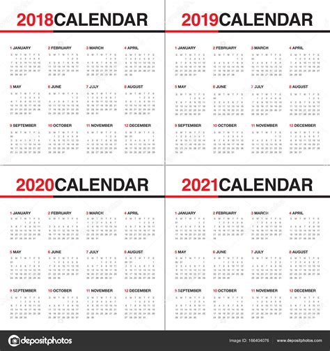 Year 2018 2019 2020 2021 Calendar Vector — Stock Vector © Dolphfynlow