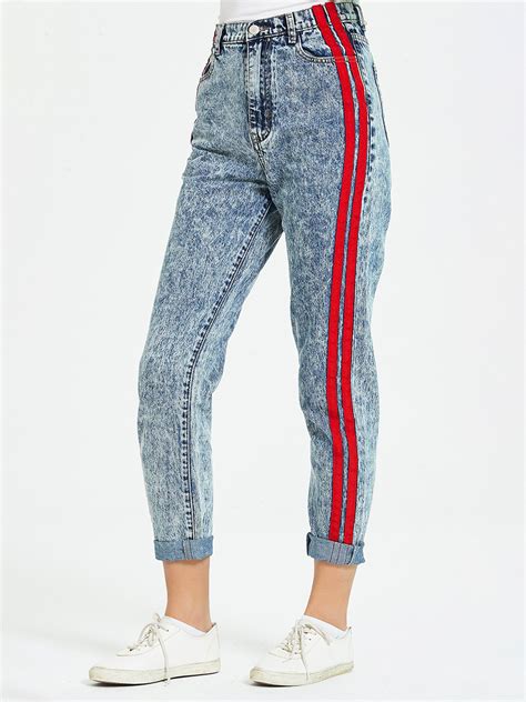 Attractive Side Stripe Straight High Waisted Jeans Wholesale Jeans
