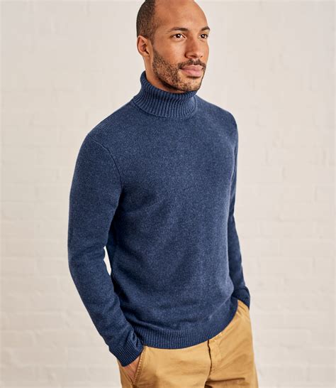 Denim Marl Mens Lambswool Polo Neck Jumper Woolovers Uk