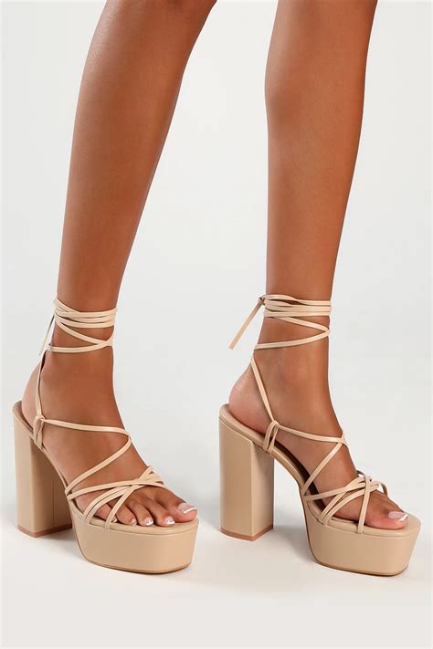 Lulus Lugyy Light Nude Lace Up Platform Heels