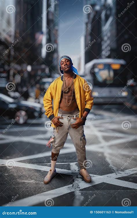 Black Rapper On Street Cityscape On Background Stock Image Image Of