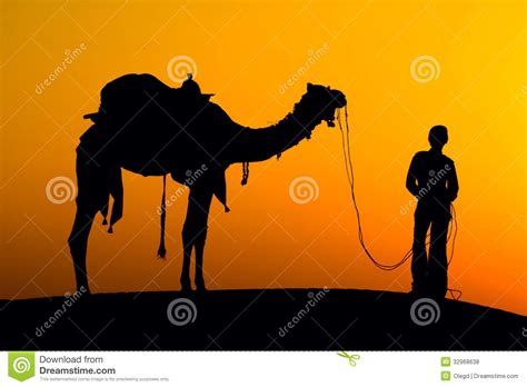 Silhouette Of A Man And Camel At Sunset In The Desert Jaisalmer