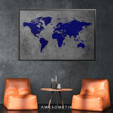 Navy Blue World Map Framed Canvas Wall Art Ink In Water Wall Canvas