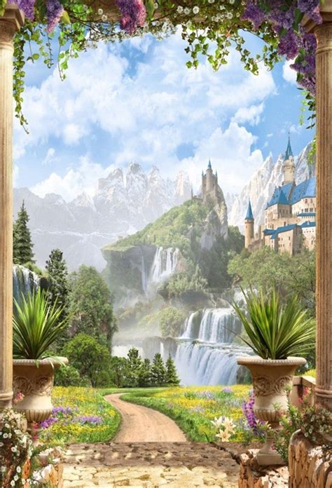 Aofoto 6x8ft Dreamy Garden Backdrop Mountain Waterfall Castle