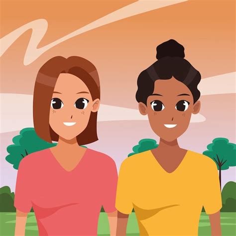 Premium Vector Two Young Women Friends Smiling Cartoons