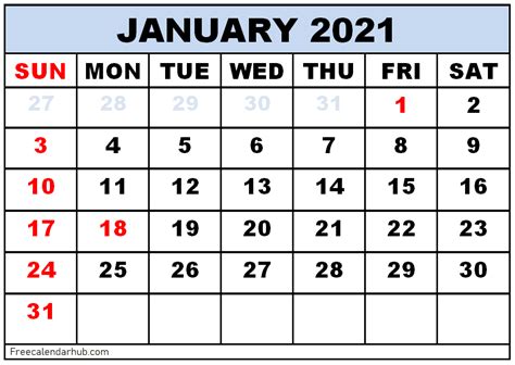 Free pdf calendars, yearly and monthly calendars with 2021 eu holidays. Free Printable January 2021 Calendar Template- One Page ...