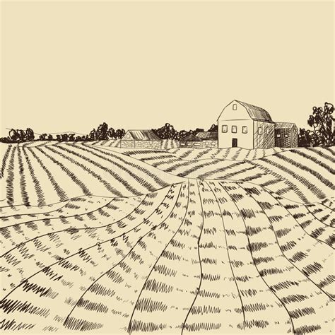 Vector Farm Landscape Etch Agriculture Scene Engraving Style