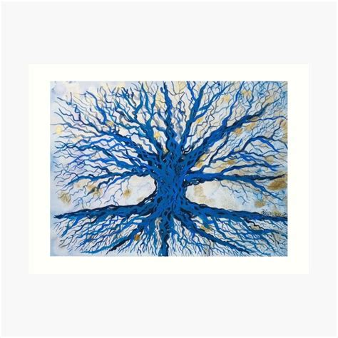 A Blue Tree With Many Branches In The Sky Art Print By Artist And