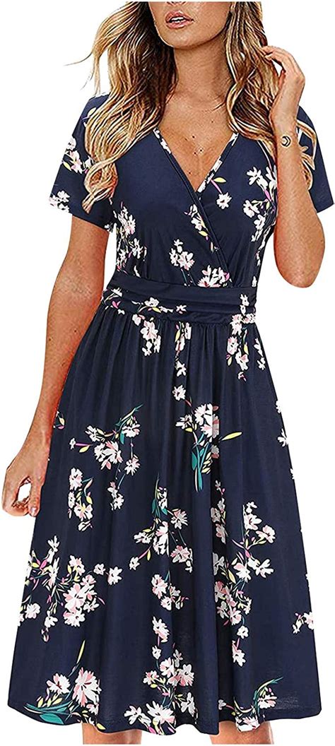 Sanahy Womens Summer Short Sleeve V Neck Floral Short Party Dress With